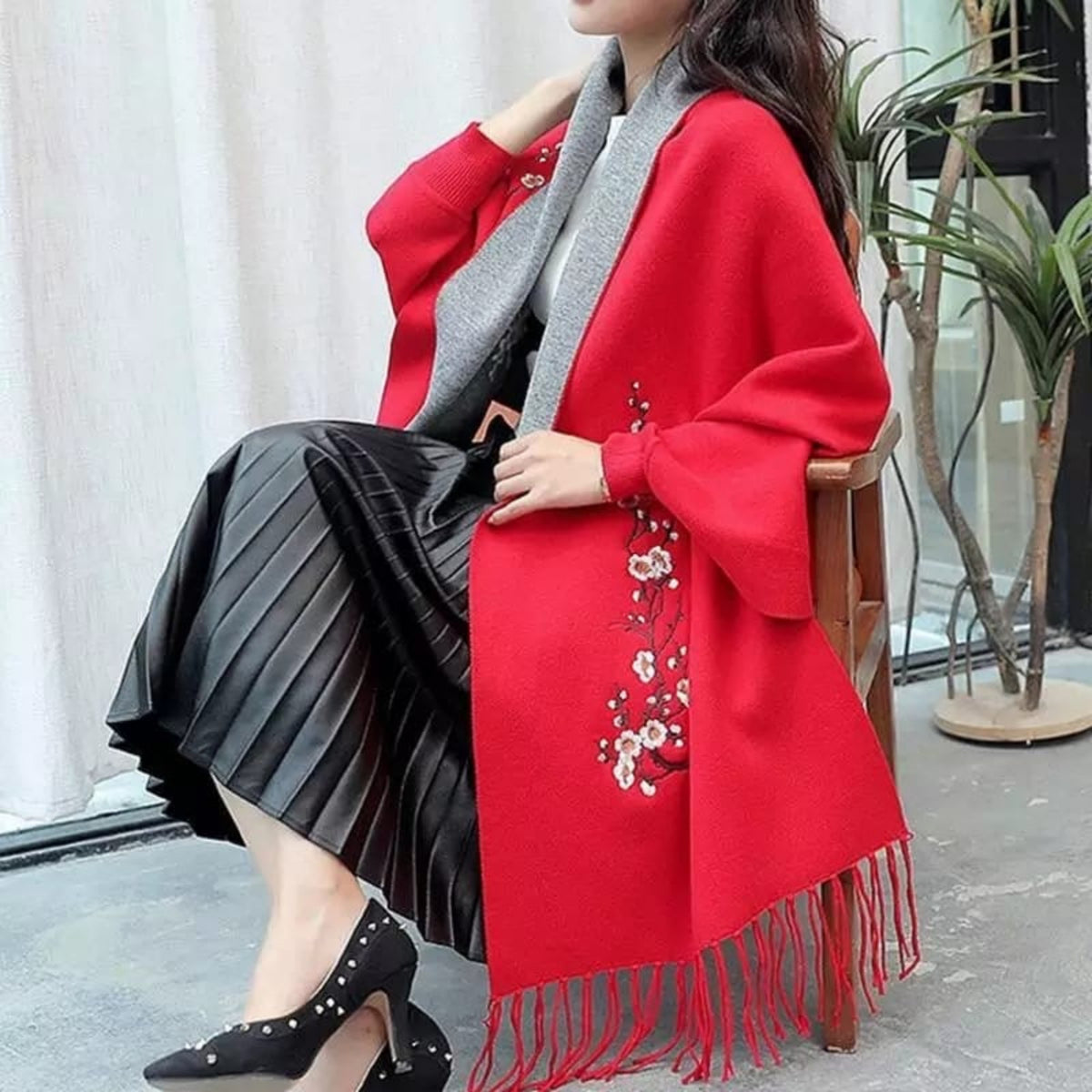 Classic Reversible Wool Blend Shawl Wrap