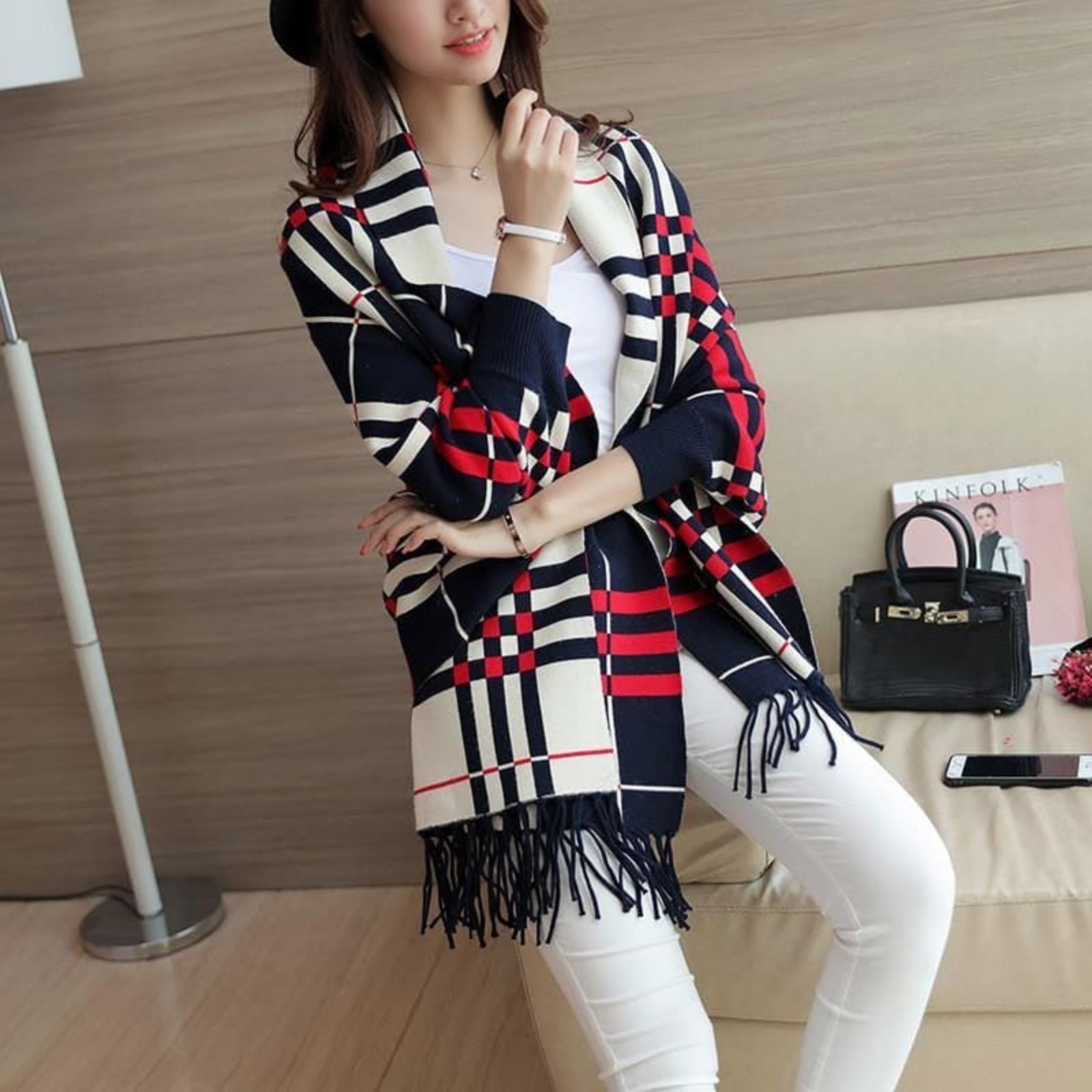 Classic Tartan Check Winter Wrap Shawl with Fringe
