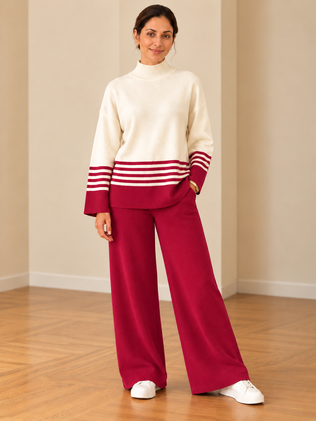 Cozy knit two-piece loungewear set for women in crimson and ivory with striped sweater and wide-leg pants
