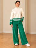 Cozy knit two-piece loungewear set for women in emerald green and ivory with striped sweater and wide-leg pants