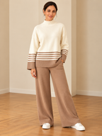 Cozy knit two-piece loungewear set for women in taupe and ivory with striped sweater and wide-leg pants