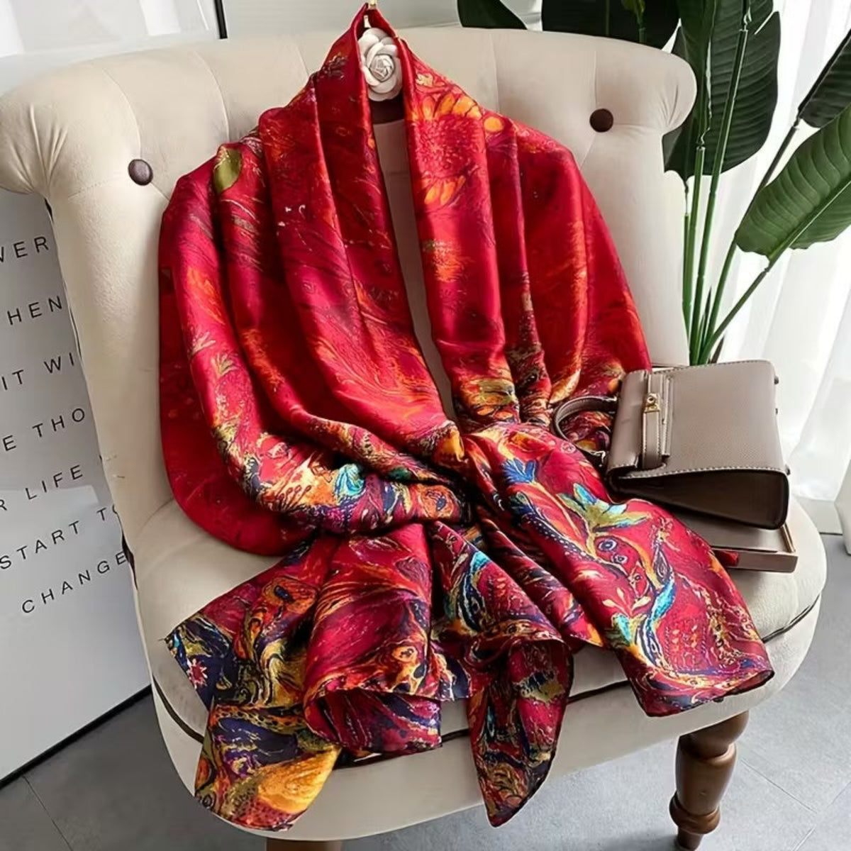 Crimson Royale Printed Silk Stole showing rich deep crimson red base with vibrant multicolour artistic print on smooth imitation satin silk in 180x90cm format
