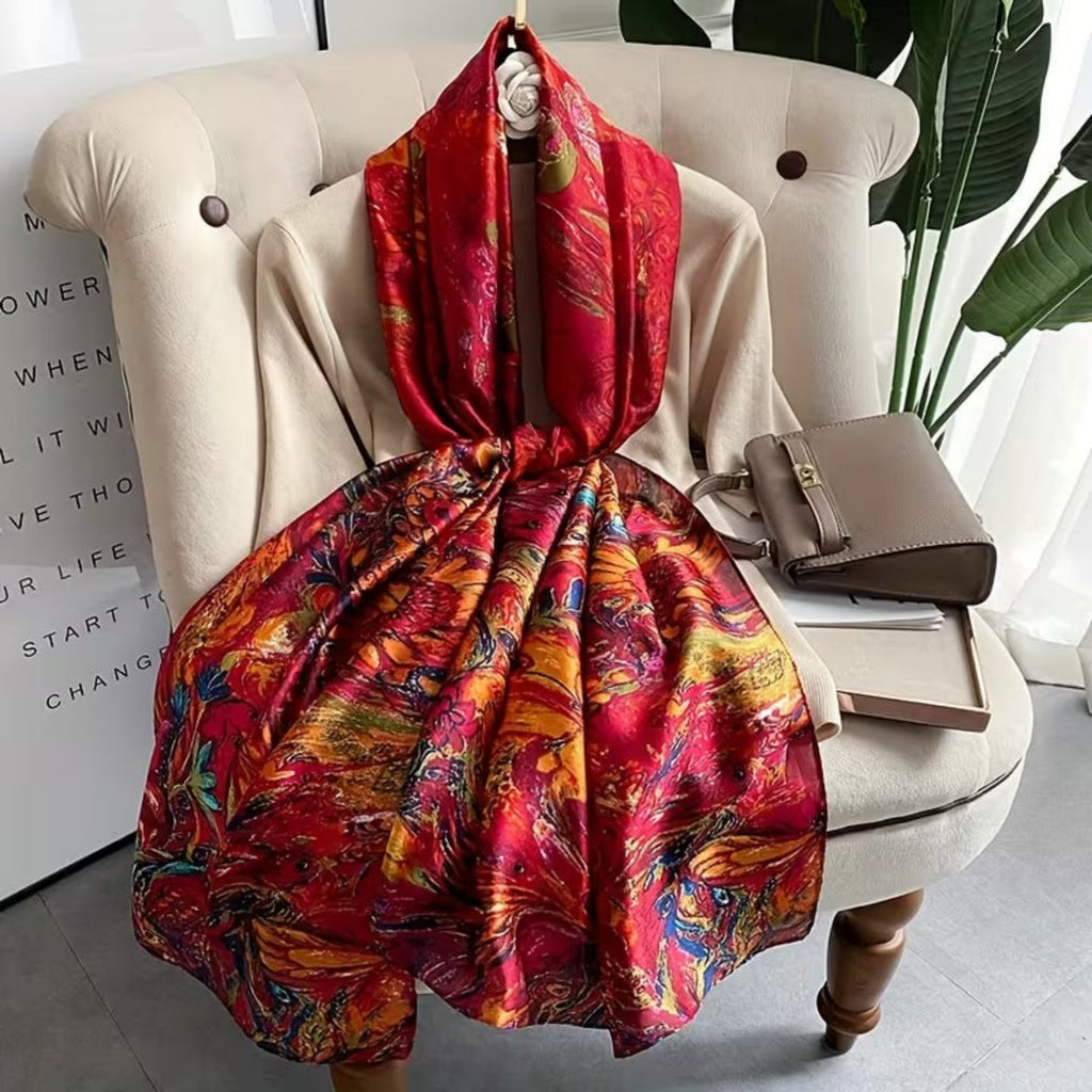 Crimson Royale Printed Silk Stole in luxury presentation showing deep red satin silk with multicolour festive print — ideal for weddings and Indian festive wear

