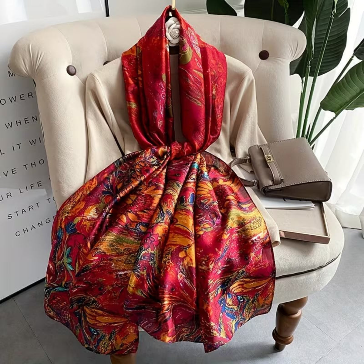 Crimson Royale Printed Silk Stole in luxury presentation showing deep red satin silk with multicolour festive print — ideal for weddings and Indian festive wear
