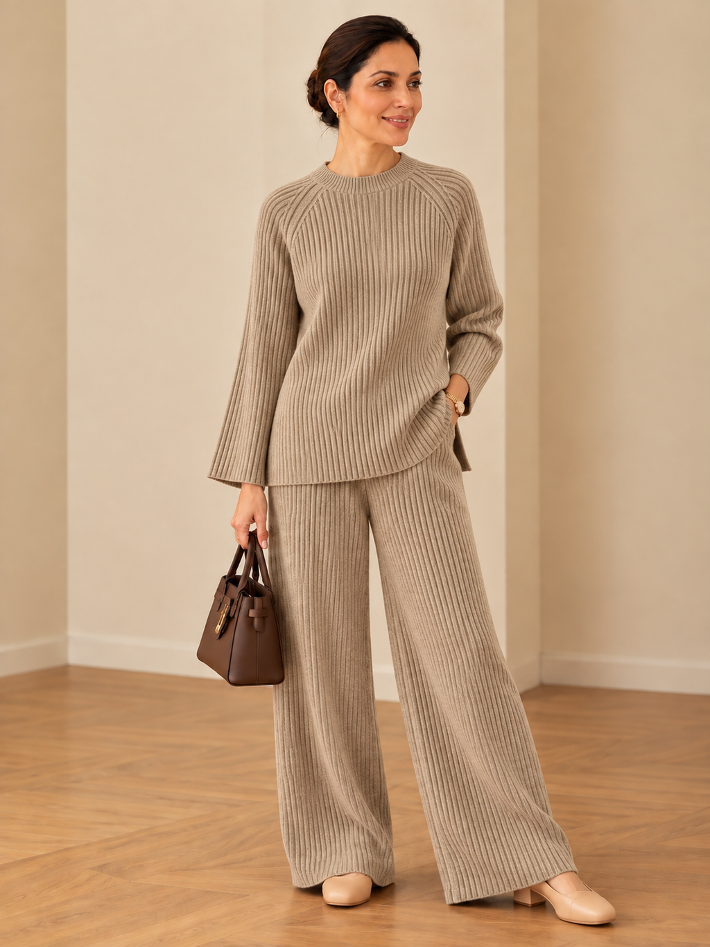 Dart ribbed knitted woollen co-ord set for women in beige, featuring a relaxed long-sleeve top and wide-leg bottom