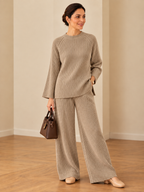 Dart ribbed knitted woollen co-ord set for women in beige, featuring a relaxed long-sleeve top and wide-leg bottom