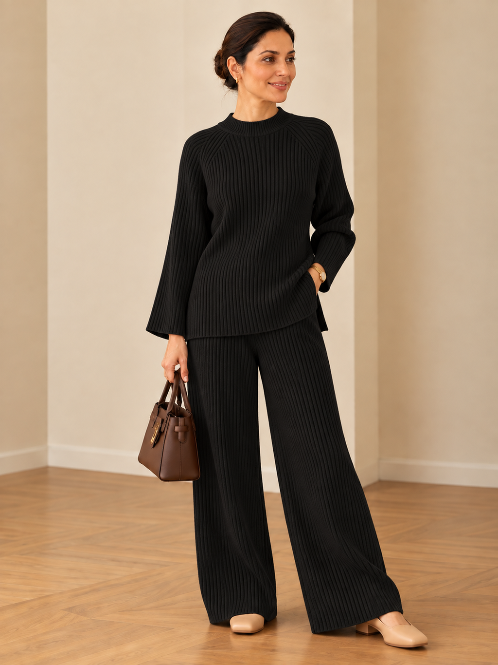 Dart ribbed knitted woollen co-ord set for women in , featuring a relaxed long-sleeve top and wide-leg bottom
