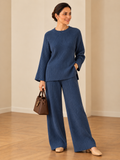 Dart ribbed knitted woollen co-ord set for women in blue, featuring a relaxed long-sleeve top and wide-leg bottom