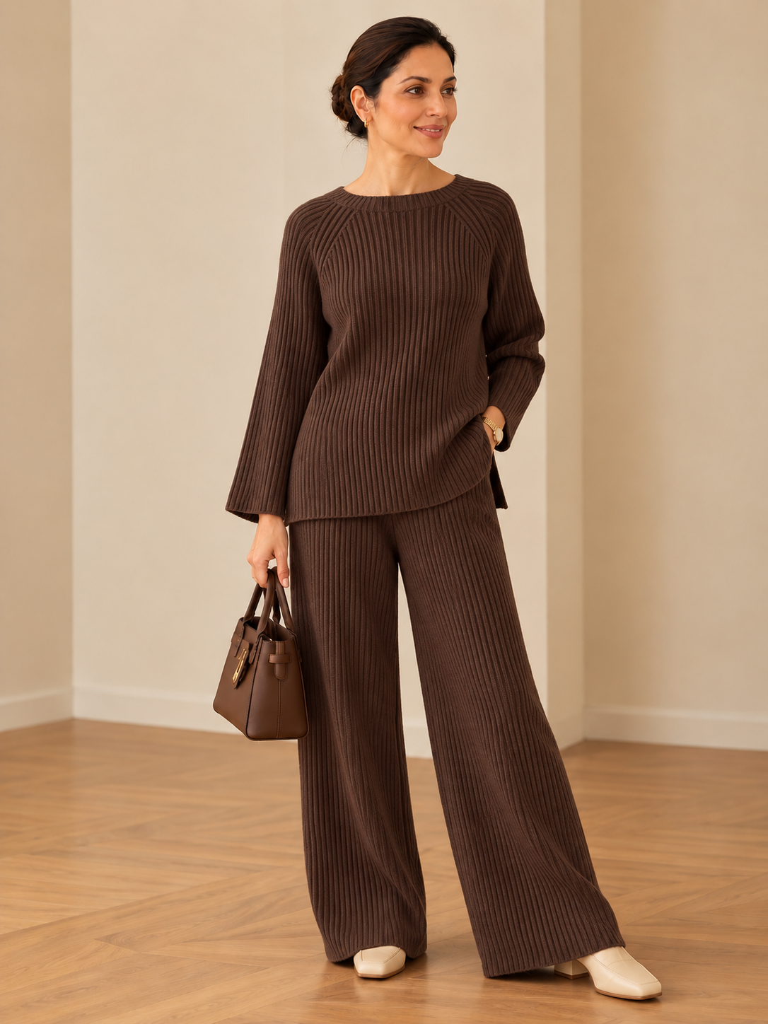 Dart ribbed knitted woollen co-ord set for women in Brown coffee, featuring a relaxed long-sleeve top and wide-leg bottom