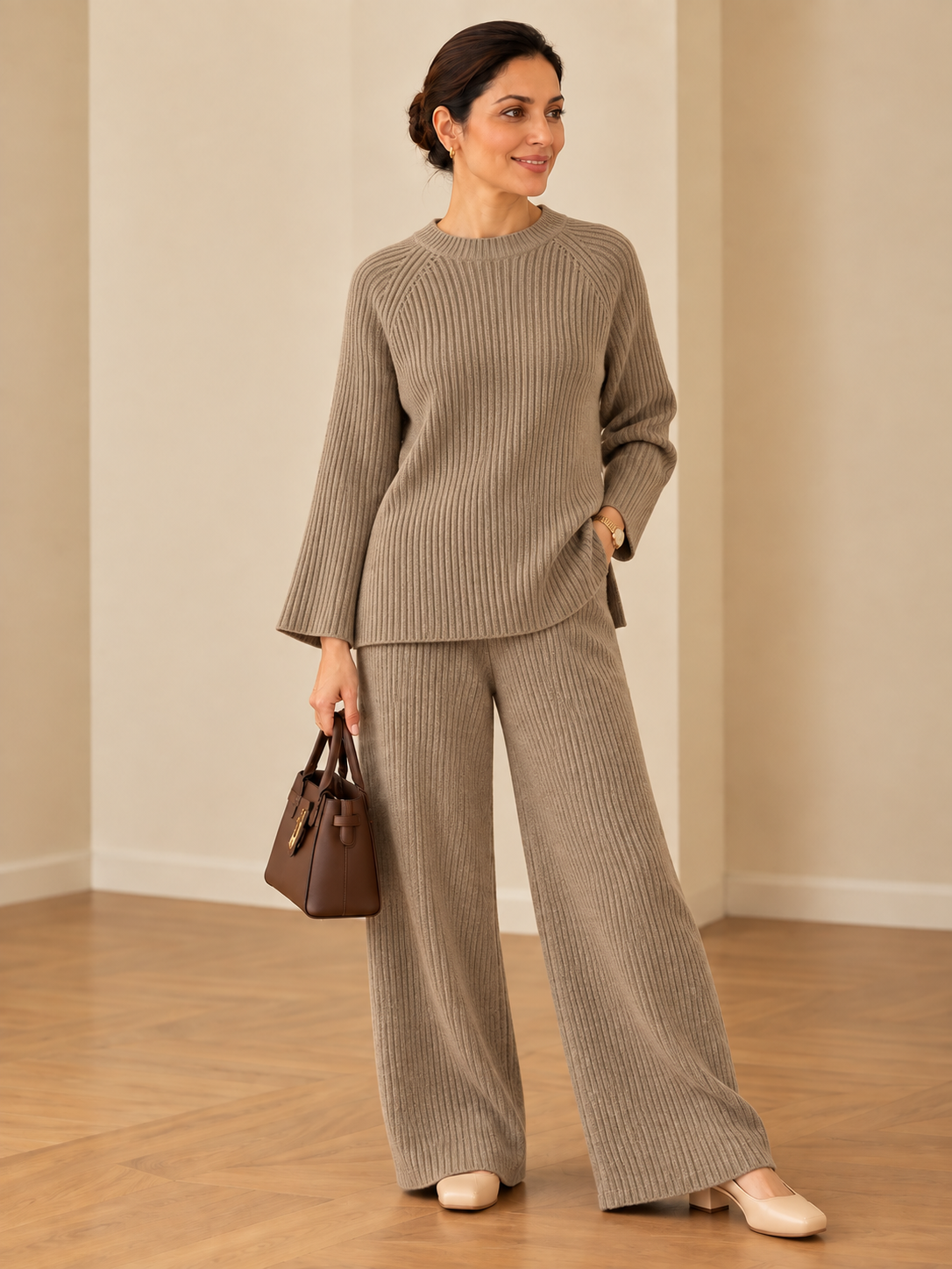 Dart ribbed knitted woollen co-ord set for women in taupe, featuring a relaxed long-sleeve top and wide-leg bottom