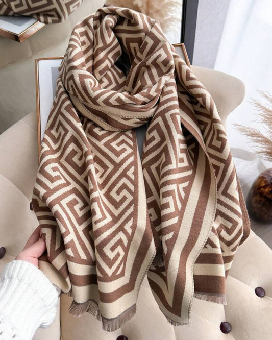 Designer-Inspired Jacquard Knit Shawl with Greek Key Pattern