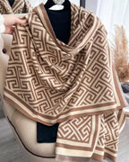 Designer-Inspired Jacquard Knit Shawl with Greek Key Pattern