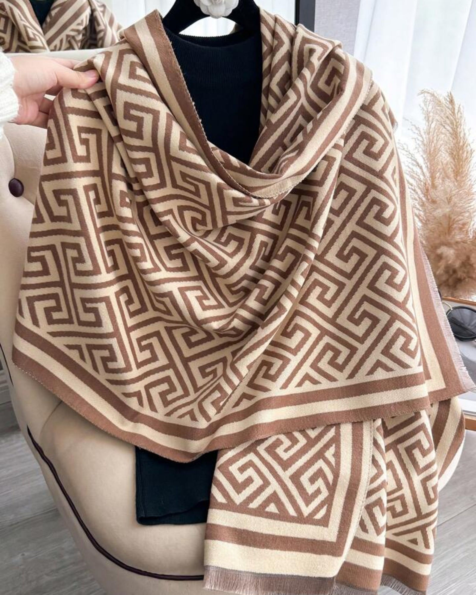 Designer-Inspired Jacquard Knit Shawl with Greek Key Pattern