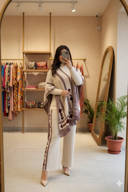 Aztec Knitwear Three - piece Poncho & Trousers Set