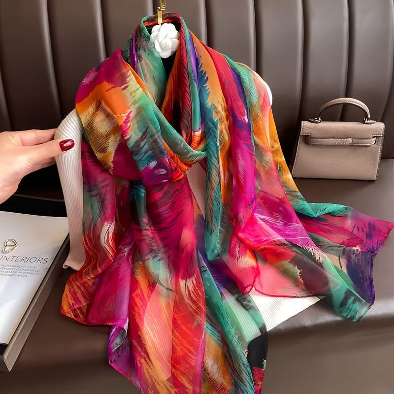 Vibrant Multicolor Abstract Feather Print Imitation Silk Stole