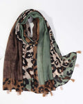 Earthy leopard print viscose cotton stole with tassel detailing

