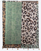 Green and brown leopard print viscose cotton stole