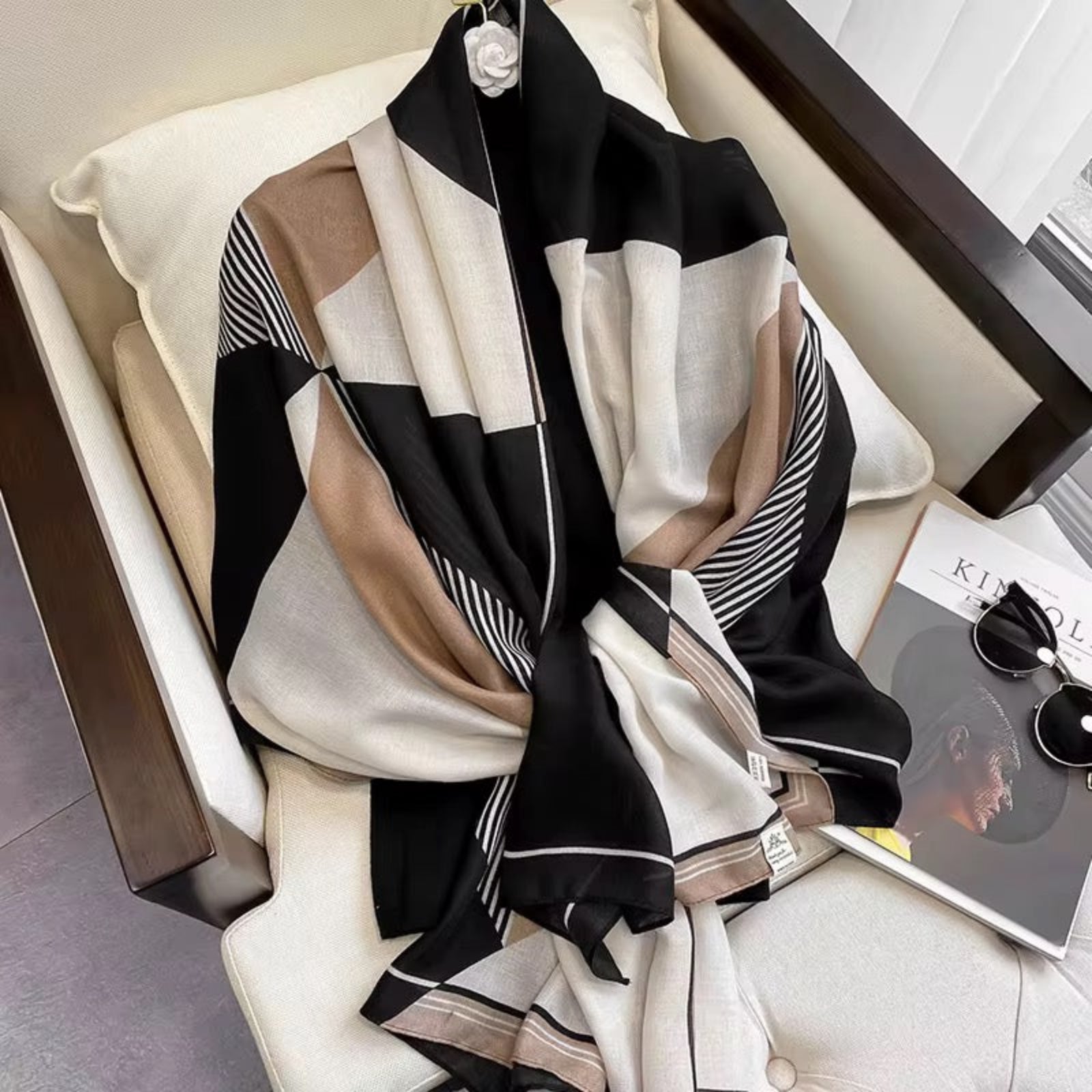 Lightweight black beige striped cotton stole