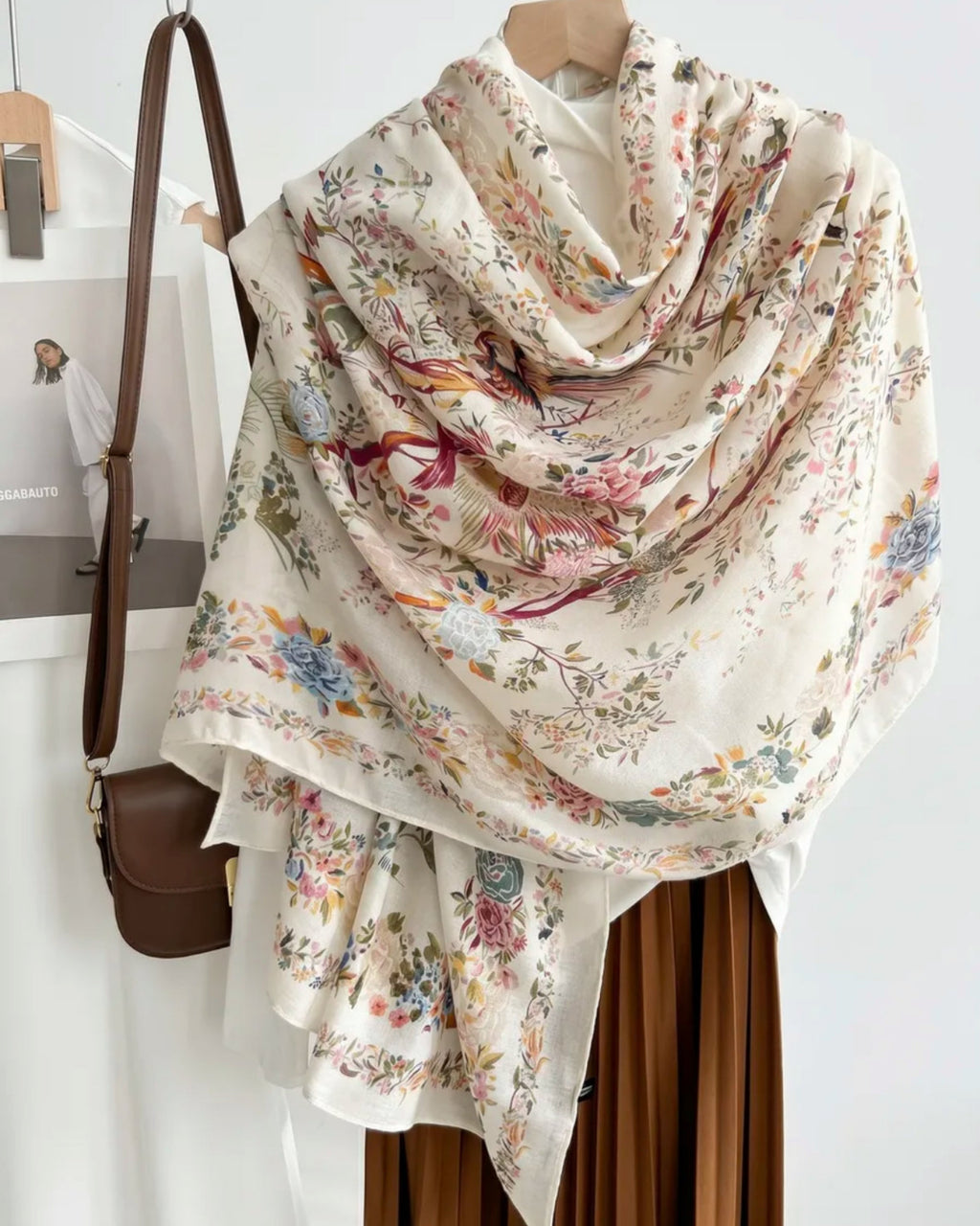 Floral-patterned scarf draped over a chair with a handbag beside it.
