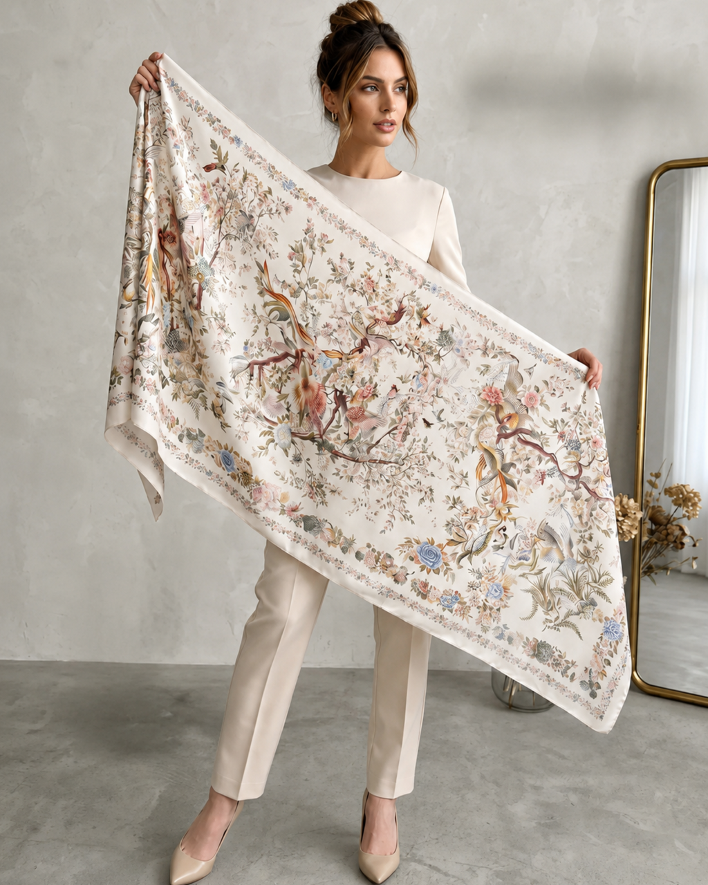 Woman holding a large floral and nature-themed scarf in a minimalistic room.