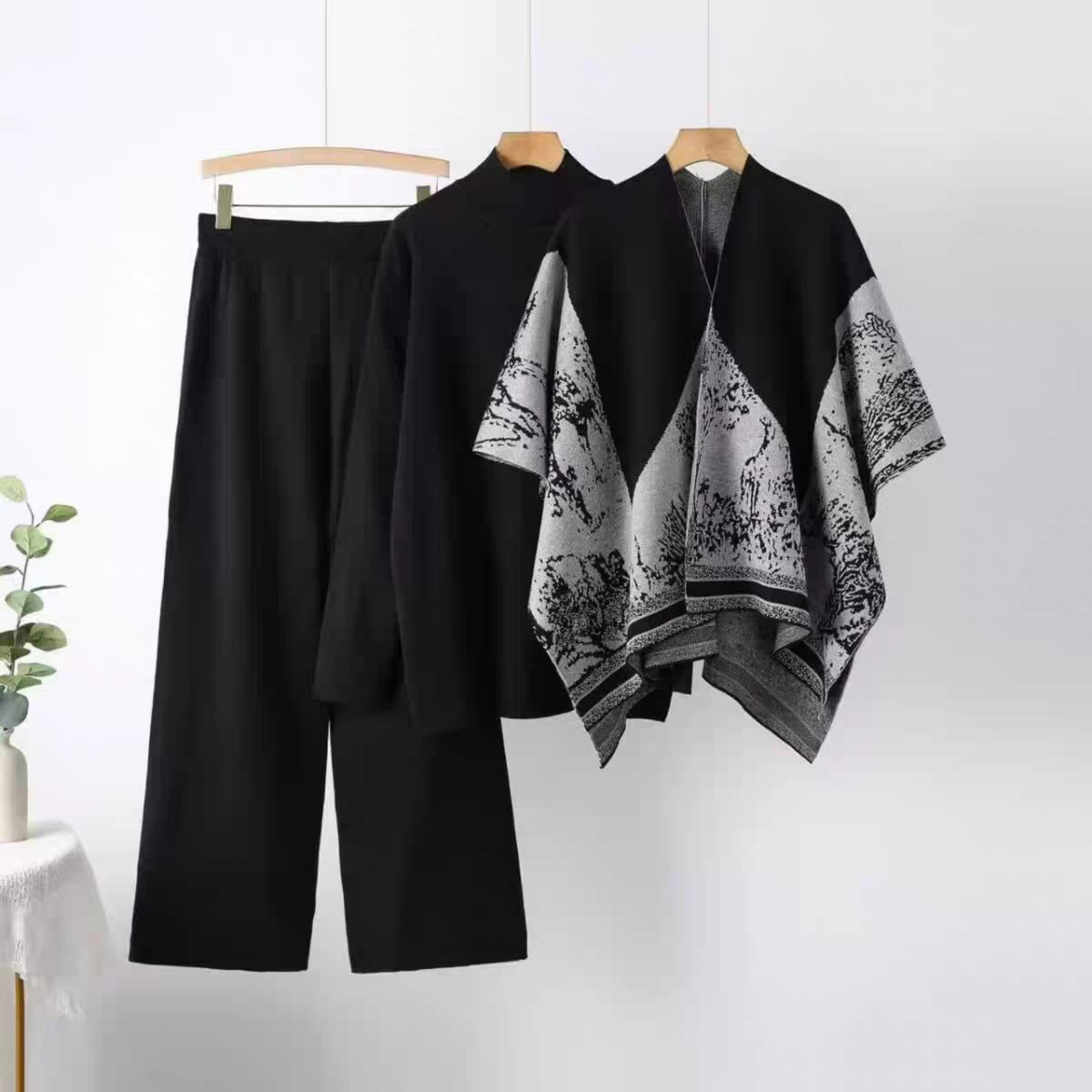 Elegance Ensemble knit co-ord set for women in black with ivory printed contrast panel and wide-leg pants