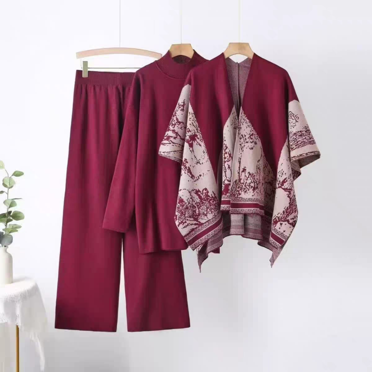 Elegance Ensemble knit co-ord set for women in burgundy with ivory printed contrast panel and wide-leg pants