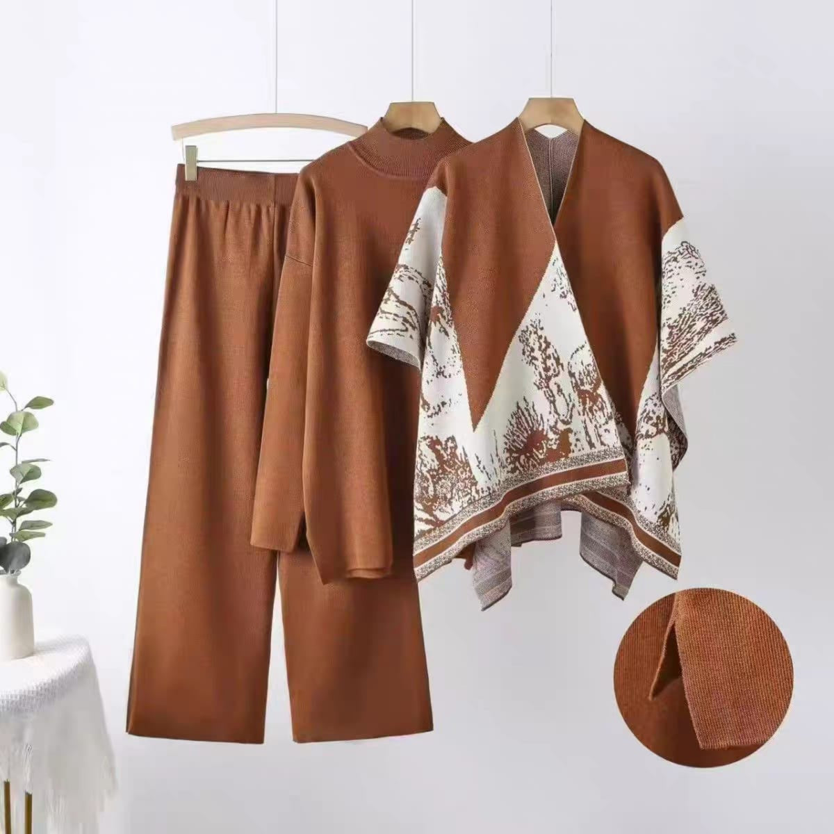 Elegance Ensemble knit co-ord set for women in cocoa brown with ivory printed contrast panel and wide-leg pants