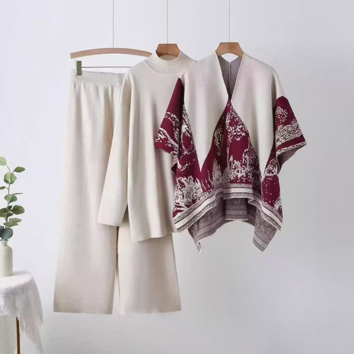 Elegance Ensemble knit co-ord set for women in ivory and burgundy with printed contrast panel