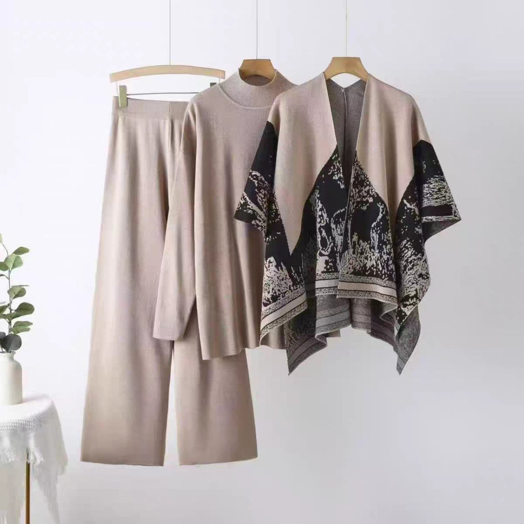 Elegance Ensemble knit co-ord set for women in taupe with printed contrast panel and wide-leg pants