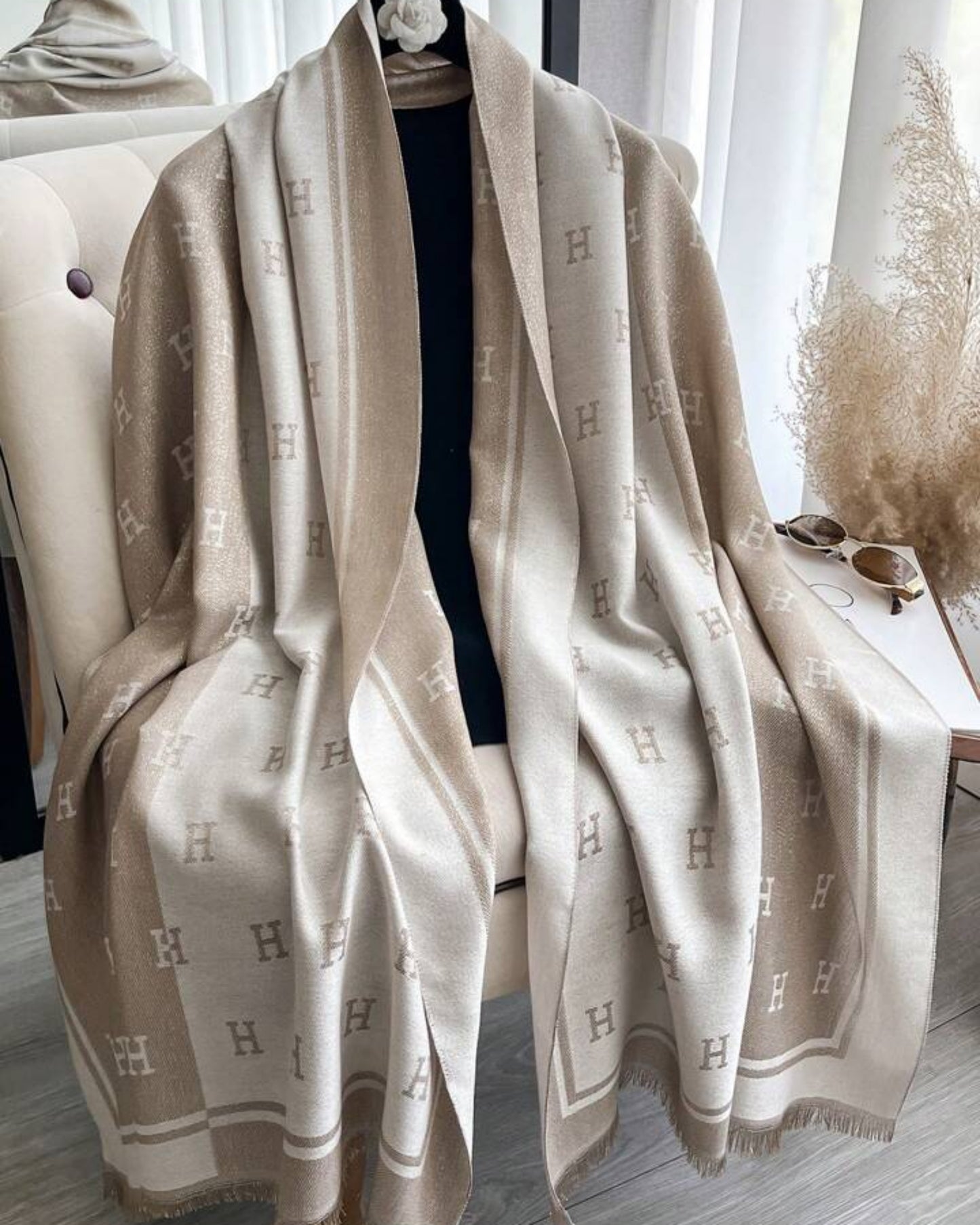 Elegant Beige and Cream Cashmere Blend Monogram Wrap Shawl