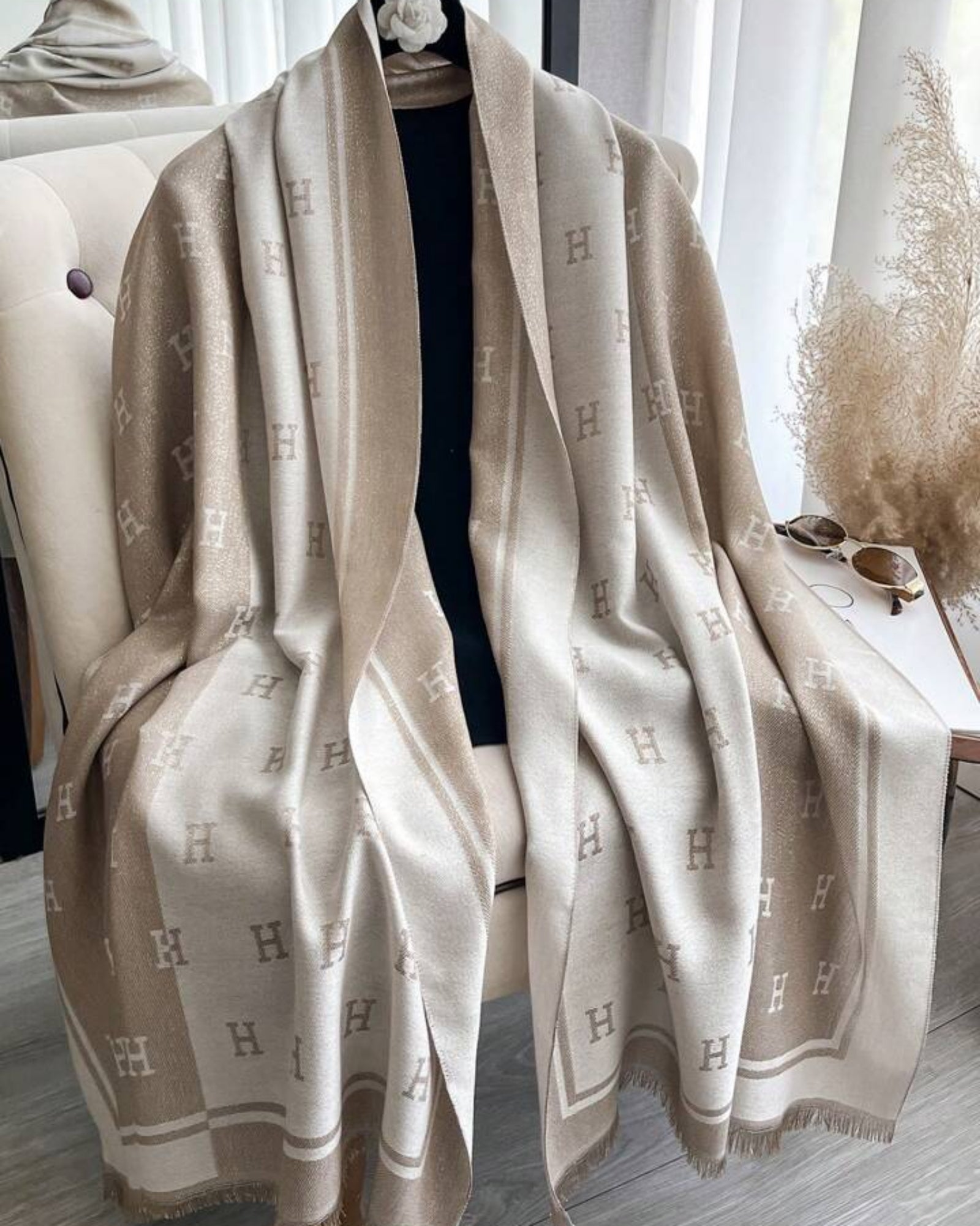 Elegant Beige and Cream Cashmere Blend Monogram Wrap Shawl