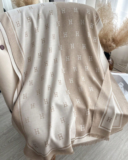 Elegant Beige and Cream Cashmere Blend Monogram Wrap Shawl