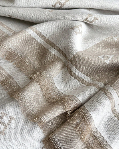 Elegant Beige and Cream Cashmere Blend Monogram Wrap Shawl
