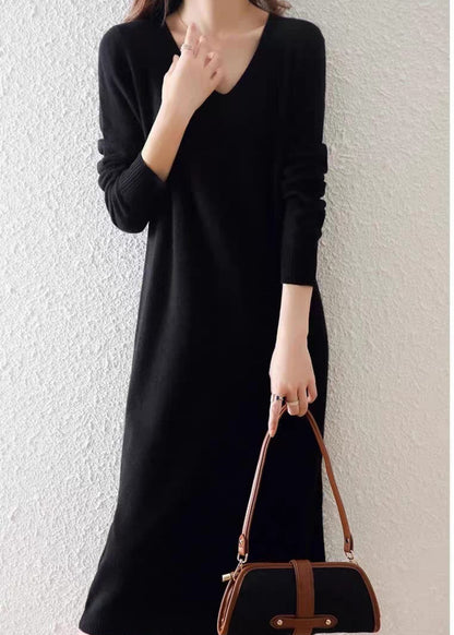 Elegant Long Sleeve V-Neck Ribbed Hem Winter Knit Dress