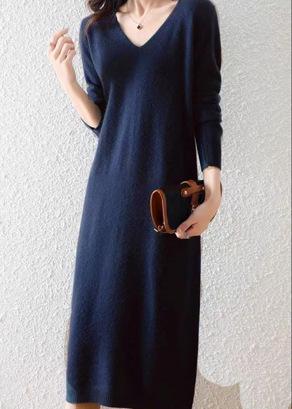 Elegant Long Sleeve V-Neck Ribbed Hem Winter Knit Dress
