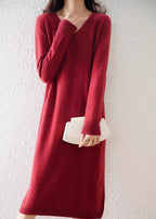 Elegant Long Sleeve V-Neck Ribbed Hem Winter Knit Dress