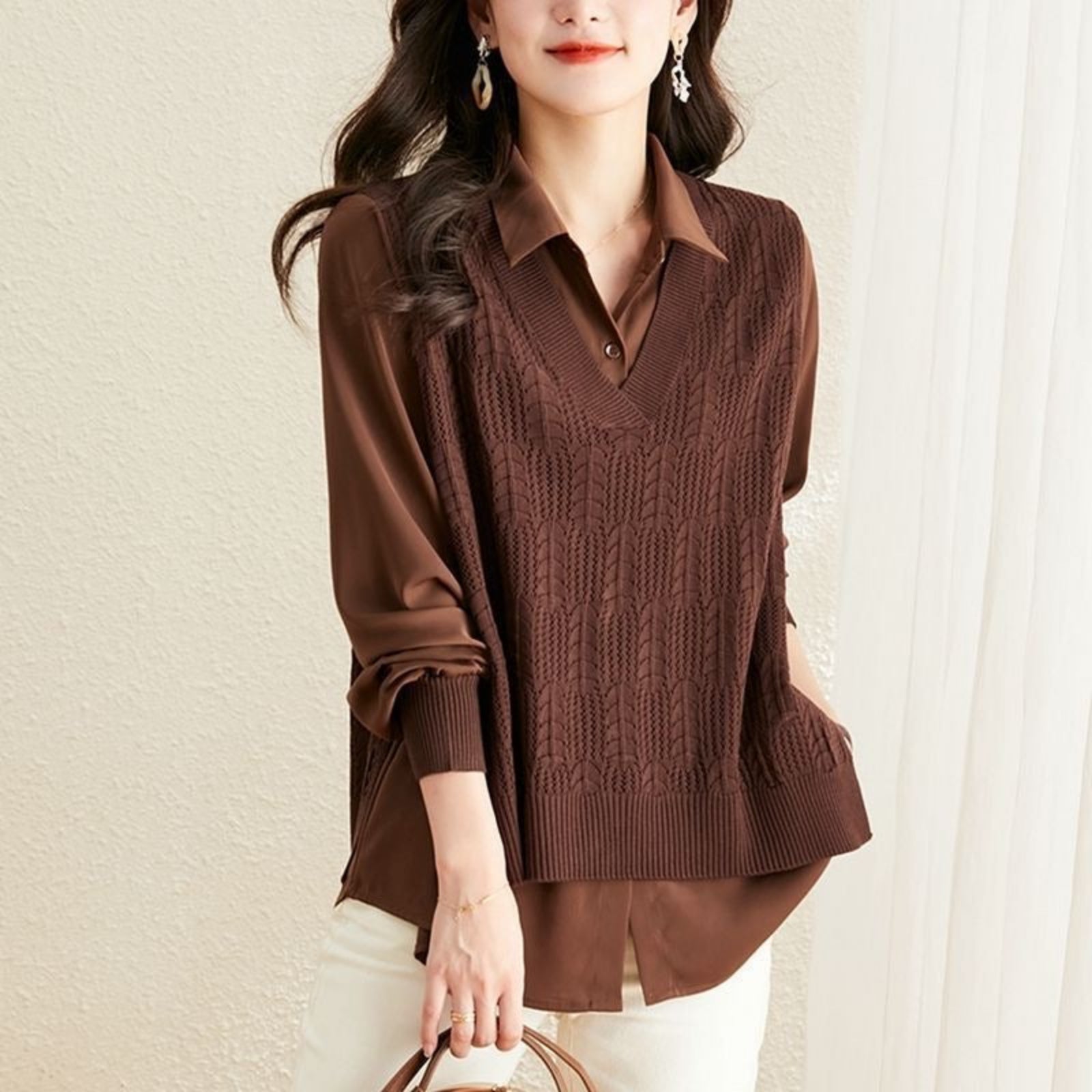 Elegant Satin Knit Overlay Shirt Top