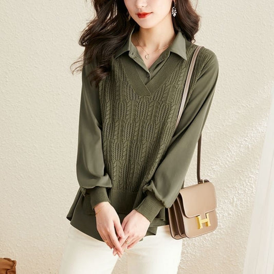 Elegant Satin Knit Overlay Shirt Top