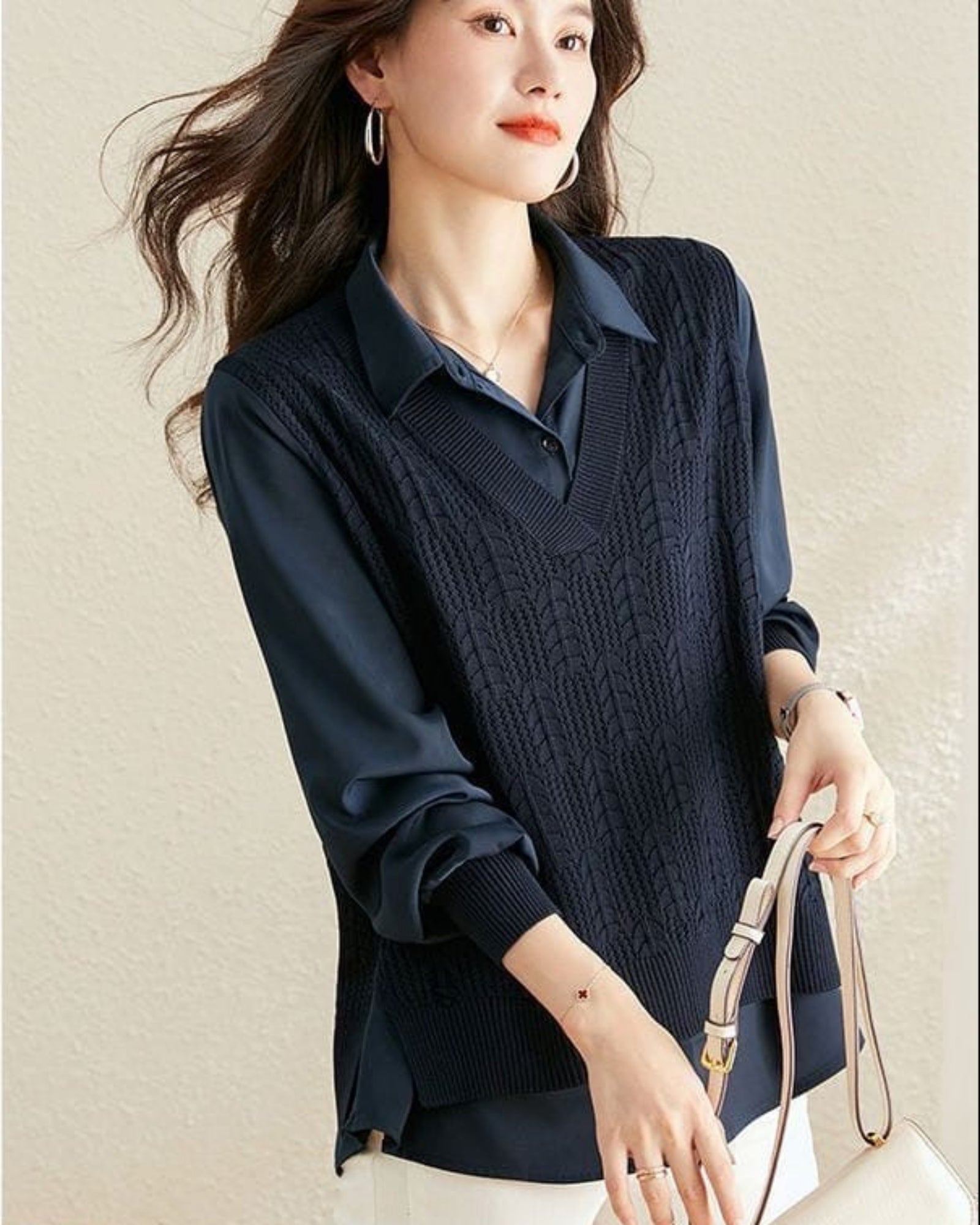 Elegant Satin Knit Overlay Shirt Top