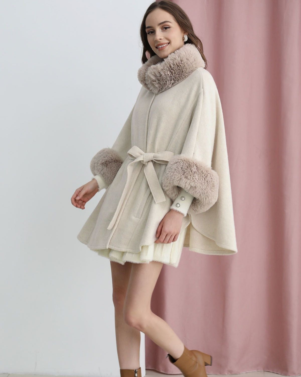 Elex Cape with Fur Cuffs and Tie Waist
