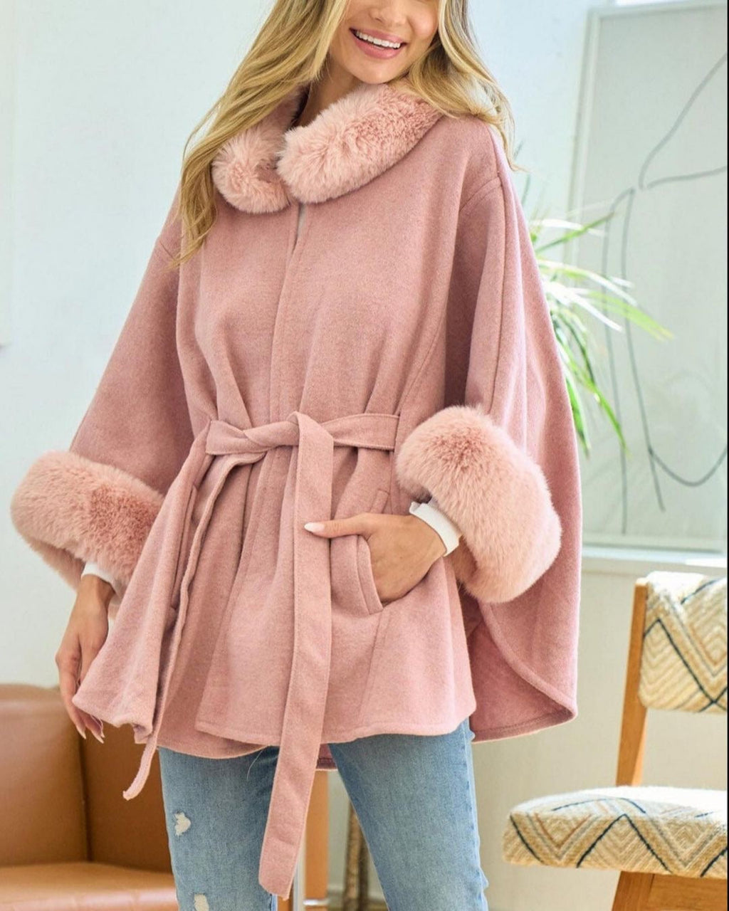 Elex Cape with Fur Cuffs and Tie Waist