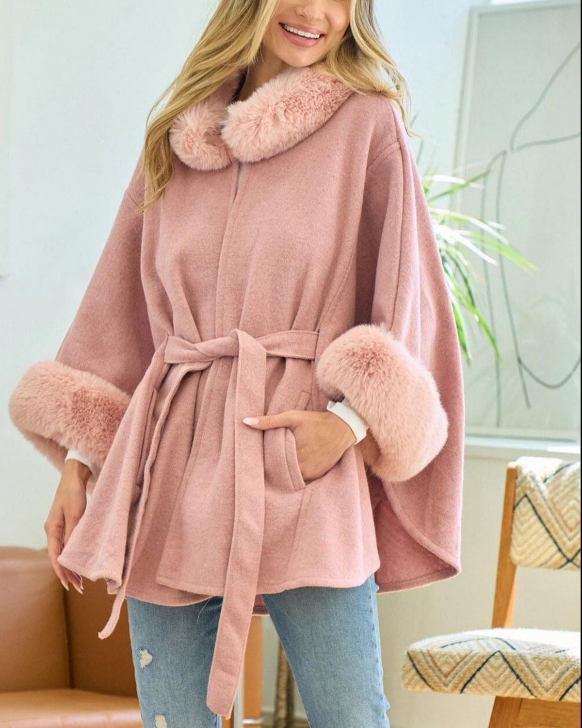 Elex Cape with Fur Cuffs and Tie Waist
