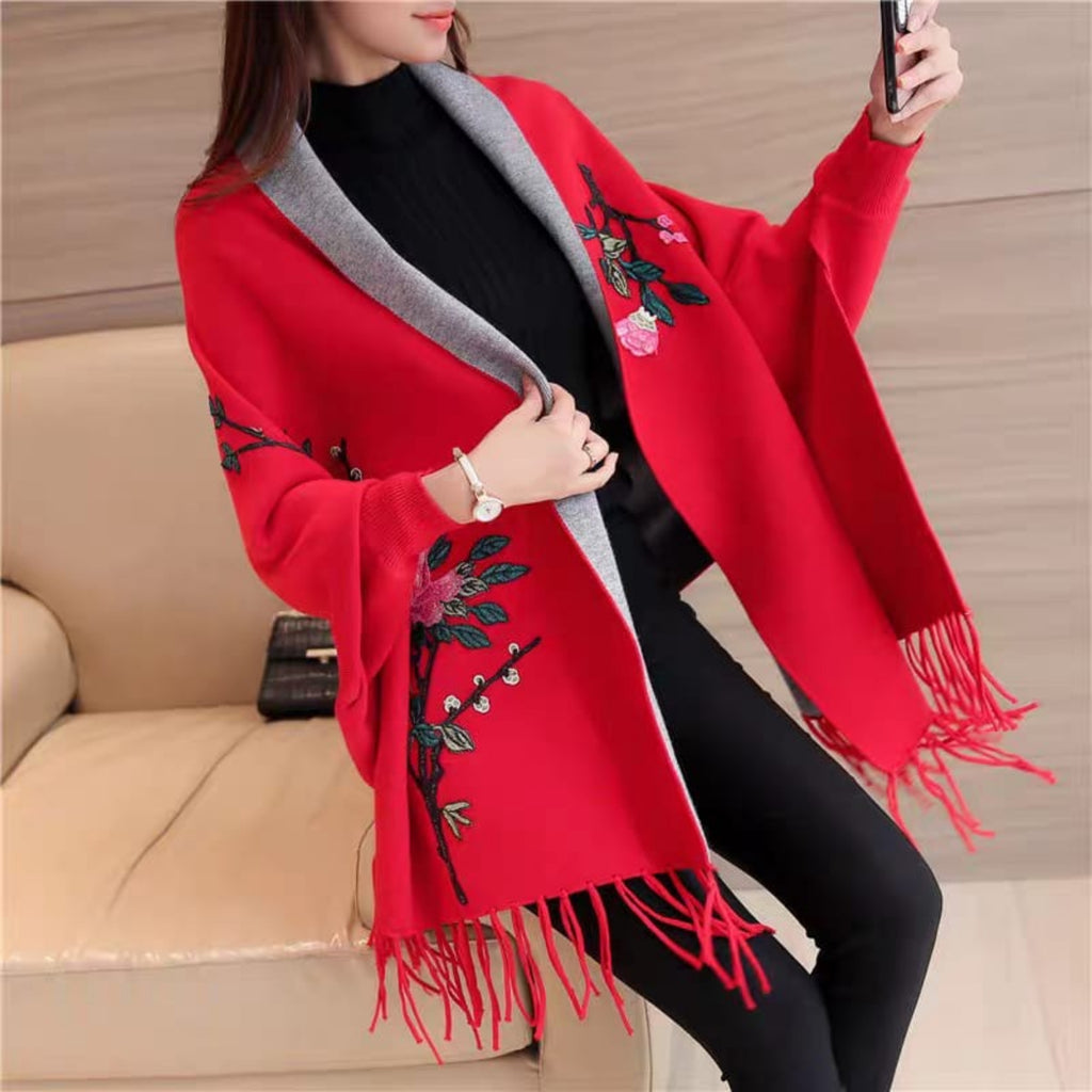 Embroidered Floral Shawl Wrap Cardigan with Fringe