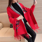 Embroidered Floral Shawl Wrap Cardigan with Fringe