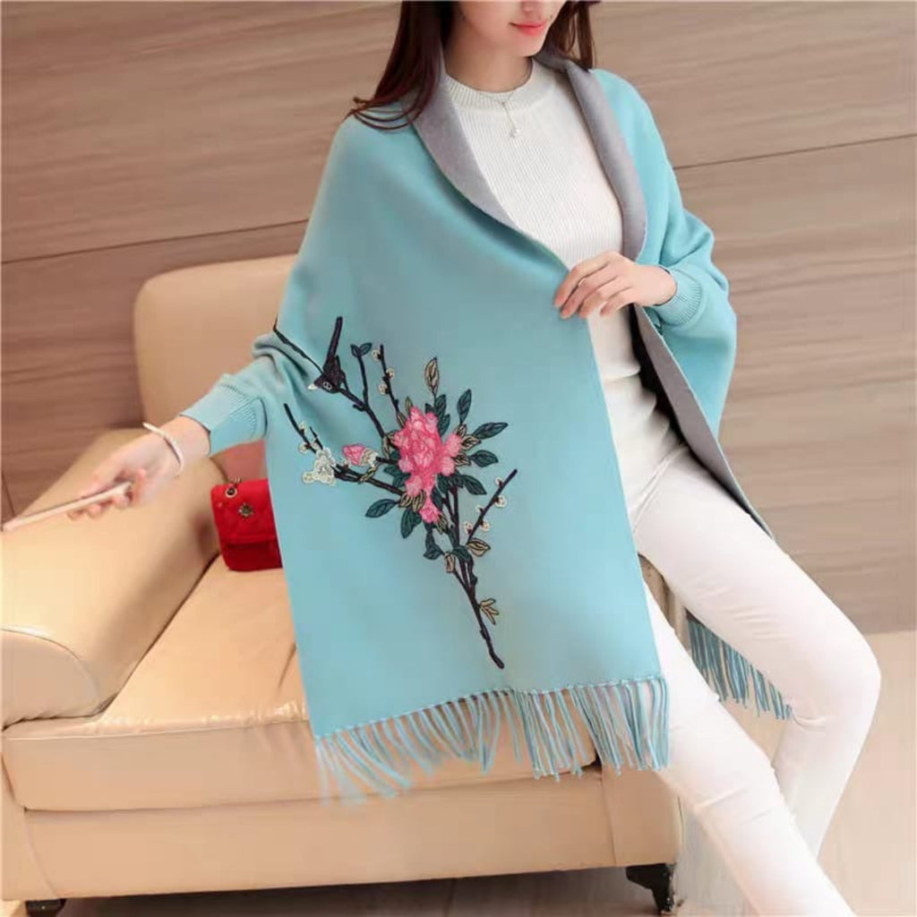 Embroidered Floral Shawl Wrap Cardigan with Fringe
