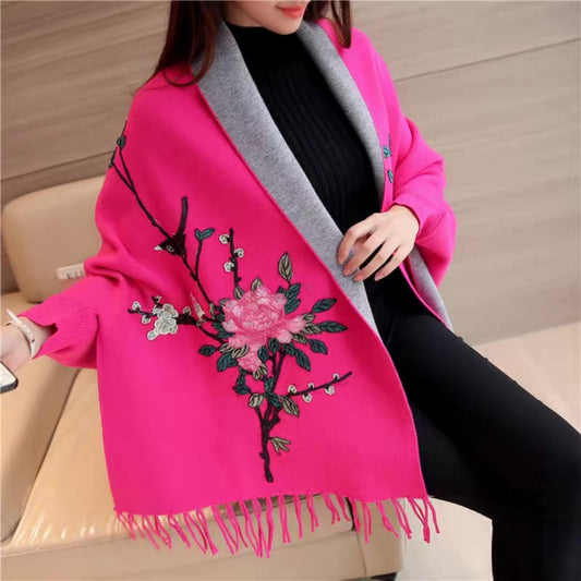 Embroidered Floral Shawl Wrap Cardigan with Fringe