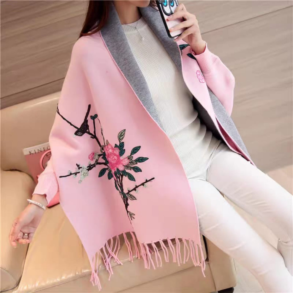 Embroidered Floral Shawl Wrap Cardigan with Fringe