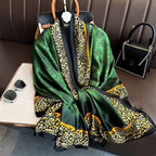 Emerald green silk stole with leopard border for women