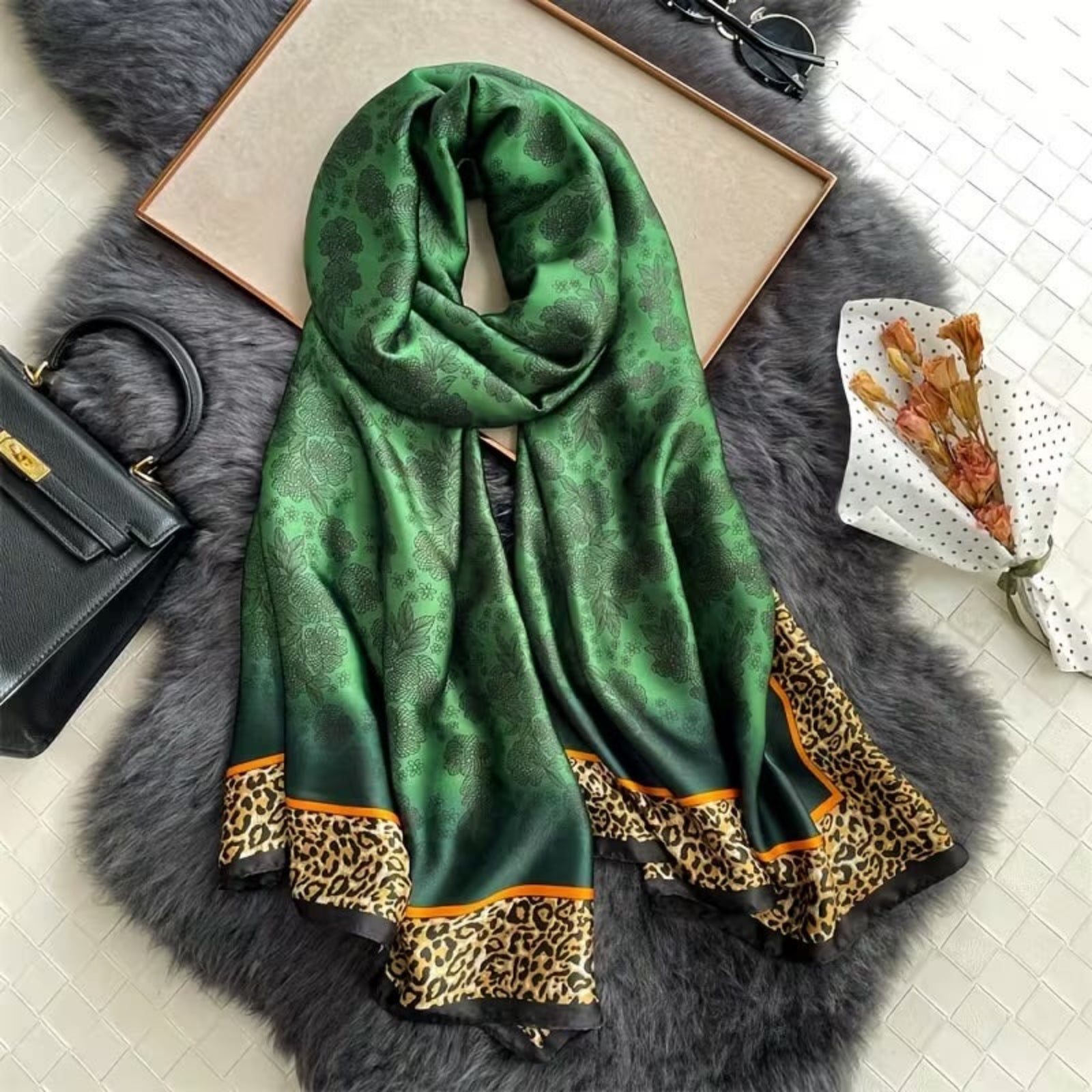 Satin silk green stole with animal print border
