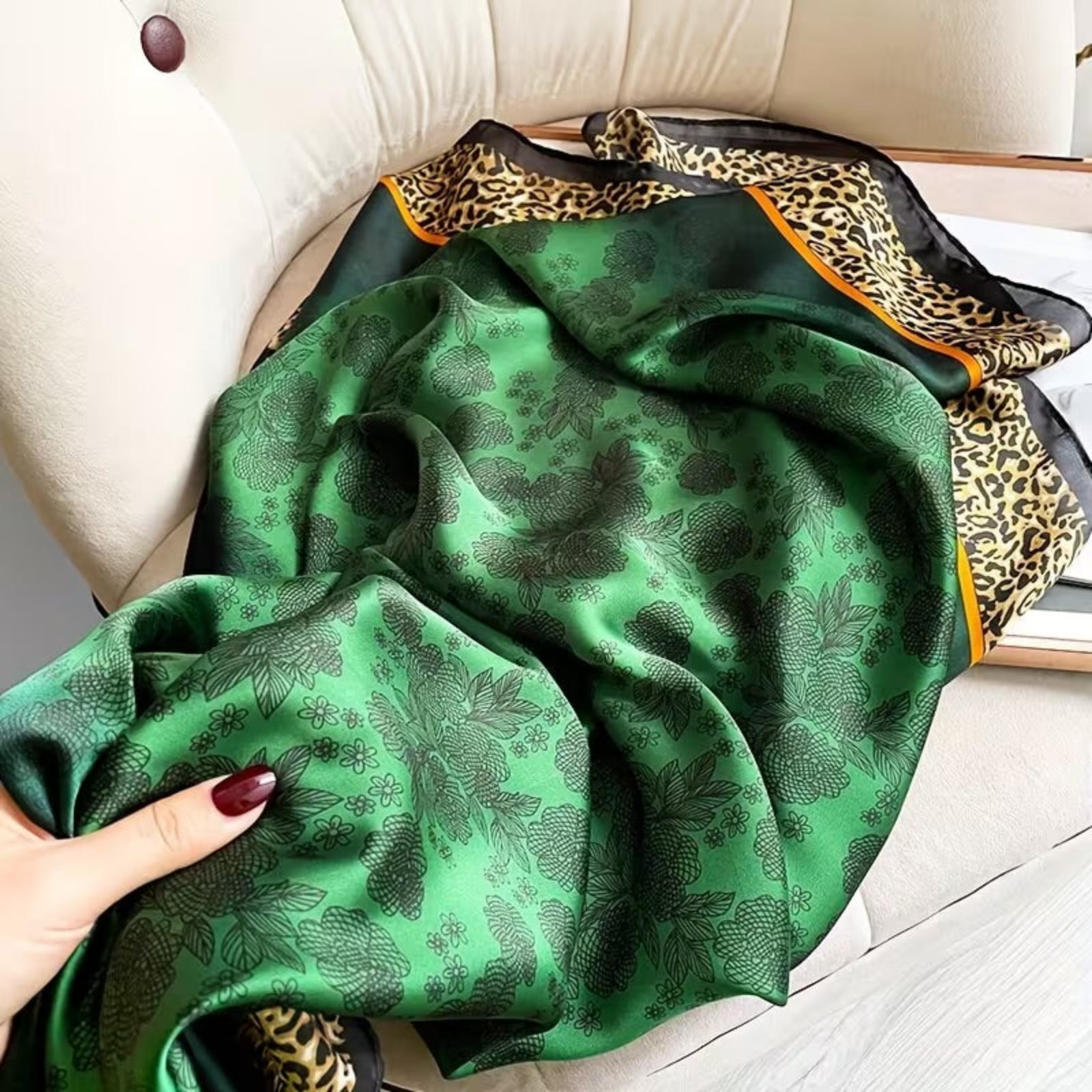 Leopard print border silk stole close-up detail